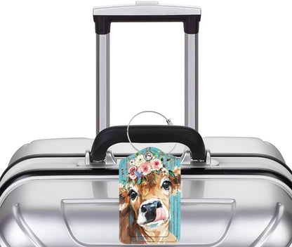 2 Pack Luggage Tag for Suitcase, Cute Unique Leather Bag Tags Identifiers Privacy Cover ID Label with Durable Steel Loop for Women Men Kids Girls Travel, Cattle