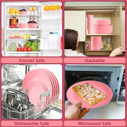 Pink Dinnerware Sets for 8,Pink Plates and Bowls Sets Plastic,Wheat Straw Dinnerware Sets Unbreakable Microwave Safe Lightweight,32 Pcs Christmas Dishes Set for Elderly Kitchen Outdoor