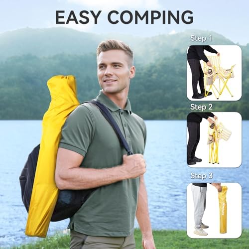 Nazhura 4 Pack Outdoor Camping Chairs Folding/Foldable/Portable with Cooler Pouch, Mesh Backrest and Cup Holder Pocket (Yellow, Metal, 4 Pack)