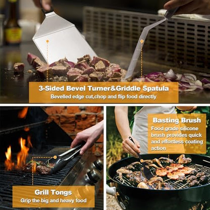 Terlulu Griddle Accessories Kit, 28 PCS Flat Top Grill Accessories for Blackstone and Camp Chef, Metal Spatula Set with Burger Press, Melting Dome, Tongs, Scraper, Carry Bag for Outdoor Grilling BBQ