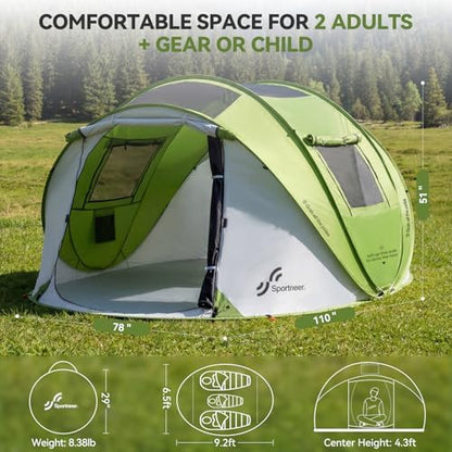 Sportneer Camping Tent: 2 Adults Pop Up Tent with Rain Fly and Carrying Bag - All-Weather Shelter for Camping Backyard Sleepover & Beach, 2 Doors, 3 Top Meshes, Easy Set Up, Size 110''x78''x51''