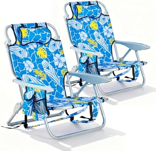 2 Pack Lightweight Portable Camping Beach Chair for Adults, Outdoor Lay Flat Folding Beach Chairs with 5 Positions, Backpack Beach Chair with Towel Bar, Zipper Pouch, Hawaiian Style