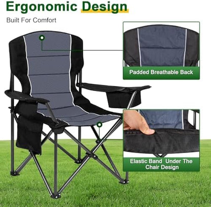 Oversized Padded High Back Camping Chairs,2 Pcs Heavy Duty Folding Chairs Support 500LBS with Cooler Bag,Cup Holder Cooler Bag, Collapsible Chairs for Outdoor, Tailgate, Fishing, Black