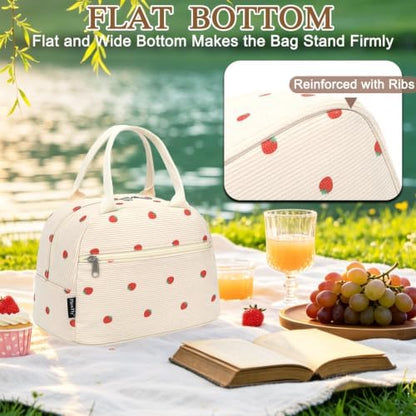 FlowFly Insulated Lunch Bag for Women – Corduroy Lunch Tote Box, Cute Cooler Bag for Work, Travel, Picnic, Corduroy Strawberries Beige