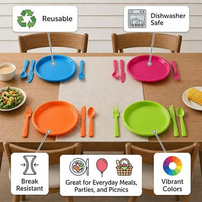 Basicwise 64-Piece Reusable Plastic Dinnerware Set for 16 – Microwavable & Dishwasher Safe Assorted Color Plates and Cutlery for Party, Picnic, Camping, Garden BBQ, Outdoor Gathering & Everyday Dining