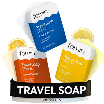 FOMIN - Antibacterial Paper Soap Sheets Tin for Traveling - (300 Sheets) Variety Pack (Unscented, Orange, Lemon) Portable Travel Hand Soap Sheets, Dissolvable Mini Camping Hand Soap for Hand Washing
