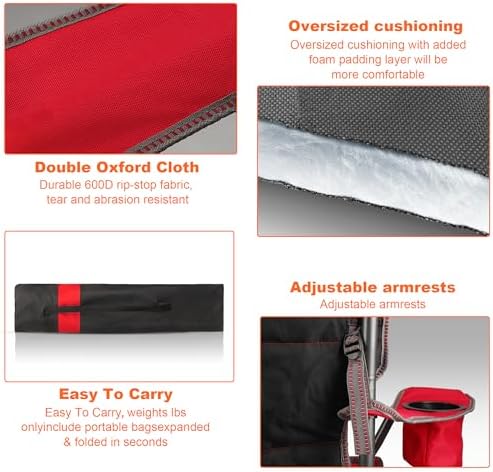 2 Pack Padded Oversized Camping Chairs for Adults,Heavy Duty Support 400 Lbs,Folding Portable Lawn Chair w/Cup Holder,Cooler Bag,Side Pocket,Perfect for Outdoor Picnic,Hiking(Red&Black)