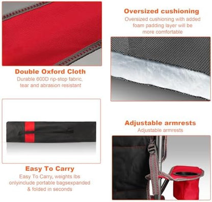 2 Pack Padded Oversized Camping Chairs for Adults,Heavy Duty Support 400 Lbs,Folding Portable Lawn Chair w/Cup Holder,Cooler Bag,Side Pocket,Perfect for Outdoor Picnic,Hiking(Red&Black)