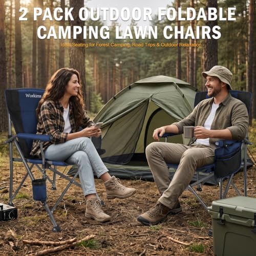 2 Pack Folding Camping Chair with Cup Holder and Storage Bag,Heavy Duty Supports 400 LBS,Portable Outdoor Chair for Camp,Lawns,Travel,Fishing,Blue