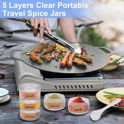 5 Layers Portable Travel Spice Jars with Label and Measuring Spoon, Multi Camping Spice Containers, Clear Small Spice Jars with Organizer Bag for Outdoor Cooking, Camping, Traveling,Barbecuing