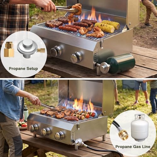 Bestfire 3-Burner Tabletop Gas Grill, Dual Connections, 30,000 BTU Portable Propane Grill, Knobs&Stainless Steel Grates, Compact & Detachable Legs for Camping, RV, BBQ