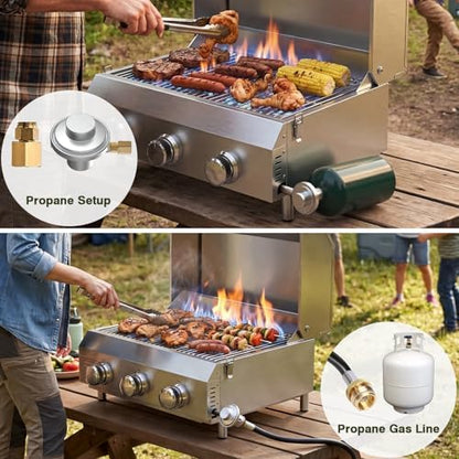 Bestfire 3-Burner Tabletop Gas Grill, Dual Connections, 30,000 BTU Portable Propane Grill, Knobs&Stainless Steel Grates, Compact & Detachable Legs for Camping, RV, BBQ