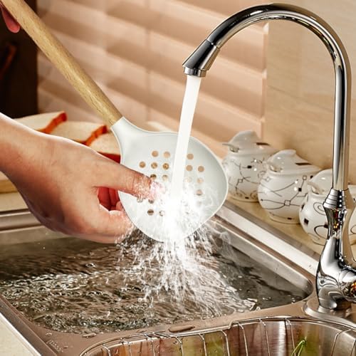 oannao Silicone Cooking Utensils Set - 446°F Heat Resistant Silicone Kitchen Utensils for Cooking,Kitchen Utensil Spatula Set w Wooden Handles for Non-Stick Cookware, BPA FREE (Cream White)
