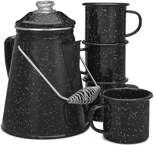 COLETTI Classic Enamel Set Coffee Percolator & Mugs — The Most Nostalgic Camping Coffee Pot, Now Modernized [Black Enamel, 12 Cup Percolator Coffee Pot & Set of 4 Mugs]