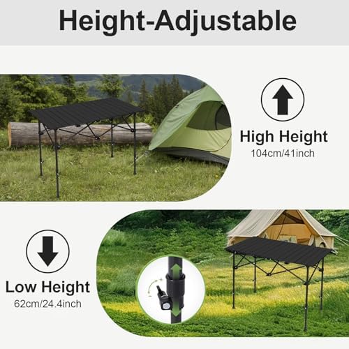 SHANQUAN Folding Camping Table, 46.5 × 21.7 Inches Portable Camp Table Aluminum Fold Up Lightweight Roll Up Table Adjustable Height with Carry Bag for Camping, Picnic, Backyard, BBQ, Patio, Black