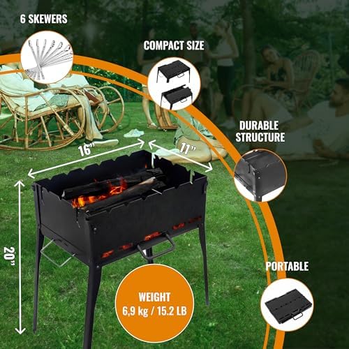 CKG Portable Charcoal Grill Heavy Duty Folding Mangal BBQ Outdoor Grill for Kabab, Shashlyk, Camping Portable Grill for Travel, 6 Skewers (Skewers not included in set) 2 mm Metal Thickness