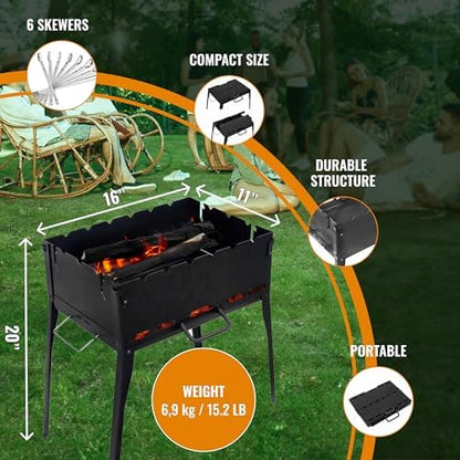 CKG Portable Charcoal Grill Heavy Duty Folding Mangal BBQ Outdoor Grill for Kabab, Shashlyk, Camping Portable Grill for Travel, 6 Skewers (Skewers not included in set) 2 mm Metal Thickness