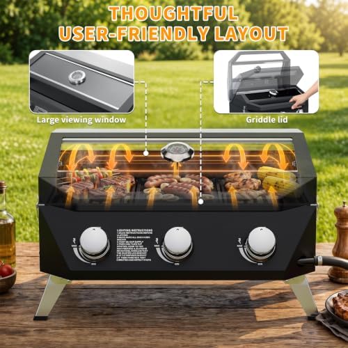 SKOK Tabletop 3-Burner Propane Gas Grill Griddle Combo with View Window