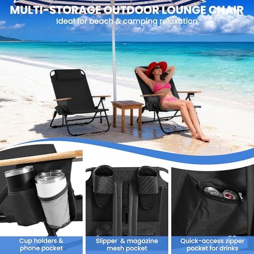 2 Pack Premium 5-Position Reclining Camping Chair - Portable Folding Lightweight Outdoor Chair with Wooden Armrests, Headrest & Pockets, 350lbs Heavy Duty for Beach, Patio, Backyard, Black