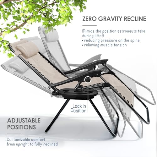 Nestl Zero Gravity Chairs Set of 6, Patio Lounge Chair Outdoor with Pillows & Cup Holder Trays, Adjustable Steel Mesh Reclining Camping Chair, Folding Patio Lawn Chair for Deck, Beach, Yard - Beige