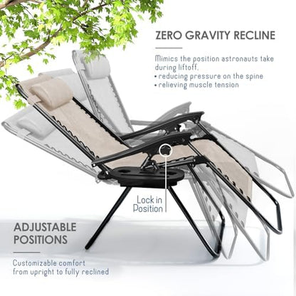 Nestl Zero Gravity Chairs Set of 6, Patio Lounge Chair Outdoor with Pillows & Cup Holder Trays, Adjustable Steel Mesh Reclining Camping Chair, Folding Patio Lawn Chair for Deck, Beach, Yard - Beige