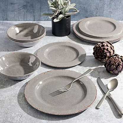 Gibson Home Mauna Melamine Plastic Dinnerware Set, Service for 4 (12pcs), Grey Rustic