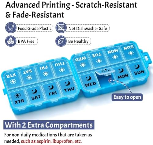 Foldable Portable 7 Day Pill Organizer 2 Times a Day, AM PM Weekly Pill Box