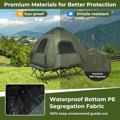 GYMAX Tent Cot, 5-in-1 Folding Camping Cot with Mattress & Pillows, Sleeping Bags, Sunshade, Camping Tent Elevated with Carrying Bag for Outdoor Hiking, Fishing, Picnic (2-Person)