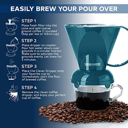 Clever Coffee Dripper | Large 18 oz | Peacock Blue | BPA-Free | 100 Filters