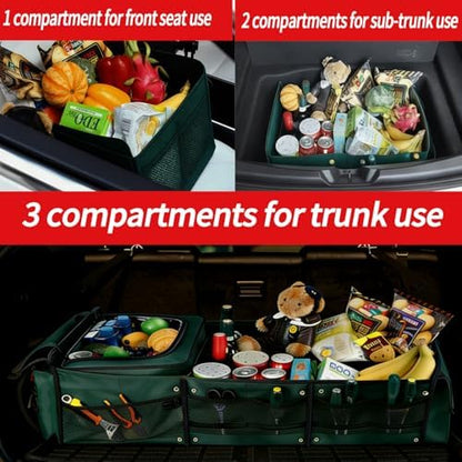 Car Trunk Organizer with Removable Cooler Bag - Collapsible Multi-Compartment Storage for SUV Truck Groceries Camping, Durable Nylon Auto Cargo Organizer (Green)