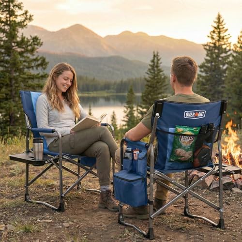 Overmont 2 Pack Folding Camping Chairs with Side Tables, 400 lb Each