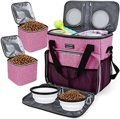 BAGLHER Dog Travel Bag, Pet Travel Bag (ALL Pet Travel Supplies), With 2 Pet Food Containers and 2 Collapsible Silicone Bowls; Essential Kits for Pet Travel Pink