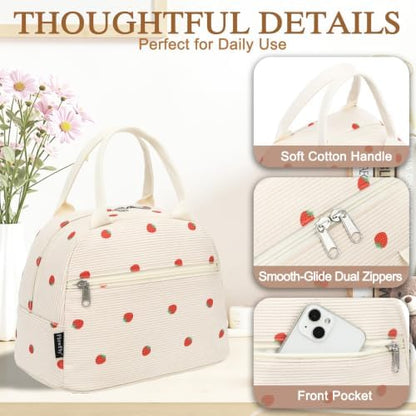 FlowFly Insulated Lunch Bag for Women – Corduroy Lunch Tote Box, Cute Cooler Bag for Work, Travel, Picnic, Corduroy Strawberries Beige