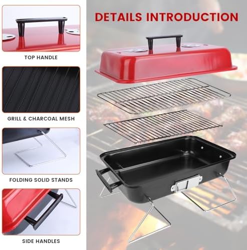 Portable Charcoal Grill, 19.7x10.63x11.8in Folding Outdoor Tabletop BBQ Grill, Small Barbecue Smoker Grill with Lid for Outdoor Cooking Backyard Camping Picnics Beach