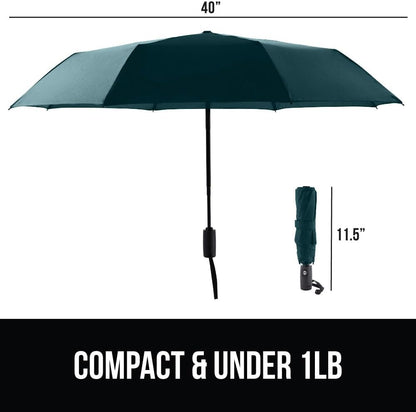 GORILLA GRIP Compact Stick Umbrella for Rain, Travel One-Click Automatic Open Close, Lightweight, Portable, US Designed Reinforced Fiberglass Ribs, Wind Resistant Easy Collapse, Hunter Green
