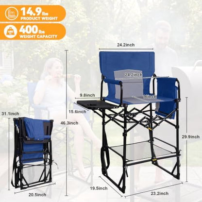 Romswi 2 Pack 30" Extra Tall Folding Camping Chairs, Heavy Duty Director Chairs with Side Table, Cup Holder & Storage Pocket, 400 LBS Support, Portable Outdoor Chairs for Camping, Sports, Events, Blue