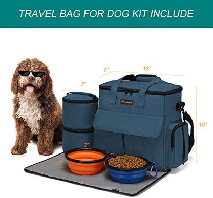 Modoker Weekend Dog Travel Bag Set with 2 Food Bags, 2 Bowls and Mat,Blue