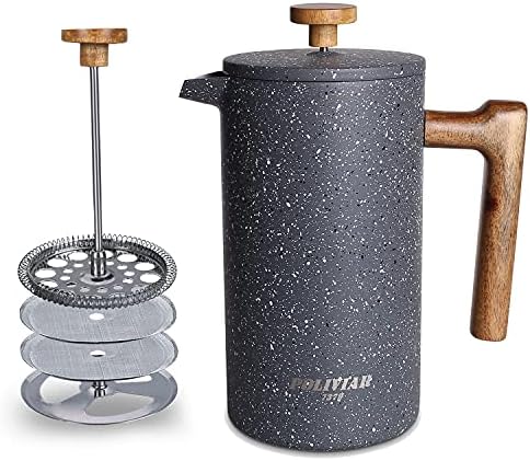 POLIVIAR French Press Coffee Maker, 34 Ounce Coffee Press with Real Wood Handle, Double Wall Insulation & Dual-Filter Screen, Food Grade Stainless Steel for Good Coffee and Tea (Lava)