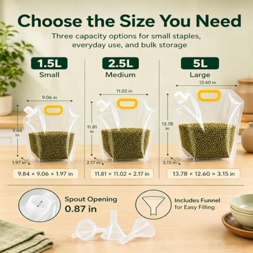 Airtight Grain Storage Bags with Handle, 5 Pack Large Capacity Cereal Containers Storage, Moisture-Proof Stand-Up Dry Food Pouches, Reusable Rice Sealed Container for Kitchen & Pantry (10PCS, 2.5)