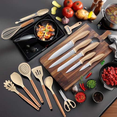 RAXCO Cooking Utensils Set,18-Piece Kitchen Utensils and Knife Set,Khiki