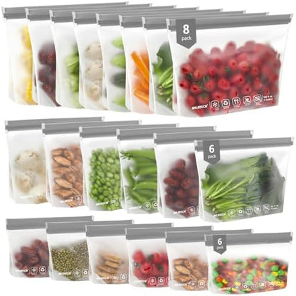 IDEATECH Food Storage Bags, BPA Free PEVA Reusable Gallon Freezer Bags, Reusable Sandwich Containers, Heallthy Food Bags Containers for Travel, Lunch(Grey, 24Pack-8Gallon+8Quart+8Snack)