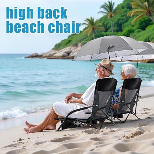 Folding Beach Chair with Umbrella for Adults, 2 Pack Portable Low Beach Chairs with 300lbs Capacity, Lightweight Fodable Camping Chair for Travel, Picnic, Concert & Outdoor Activities, Black-Grey