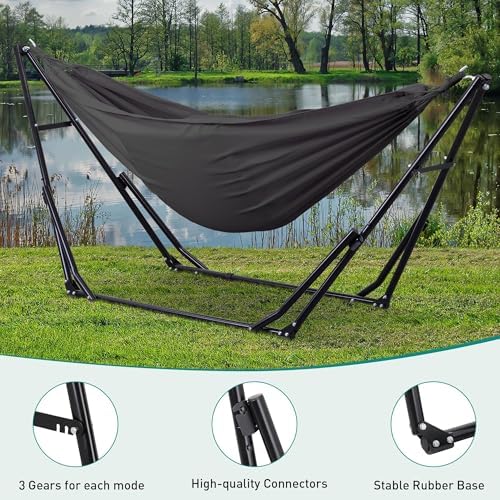 Ainfox Hammock with Foldable Stand, 2 in 1 Hammock and Swinging Chair with Carrying Bag, Portable Camping Chair Suitable for Outside, Swing,Patio,Garden,Camping Trip Grey