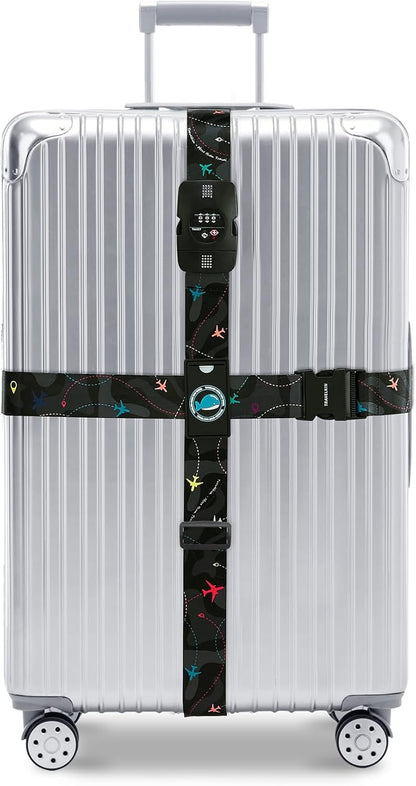 Travelkin Luggage Straps TSA Approved - Adjustable Cross Suitcase Straps with TSA Lock, Reinforced Buckle, Unique Pattern - Secure Heavy Duty Luggage Straps for Travel (Air Line Black)