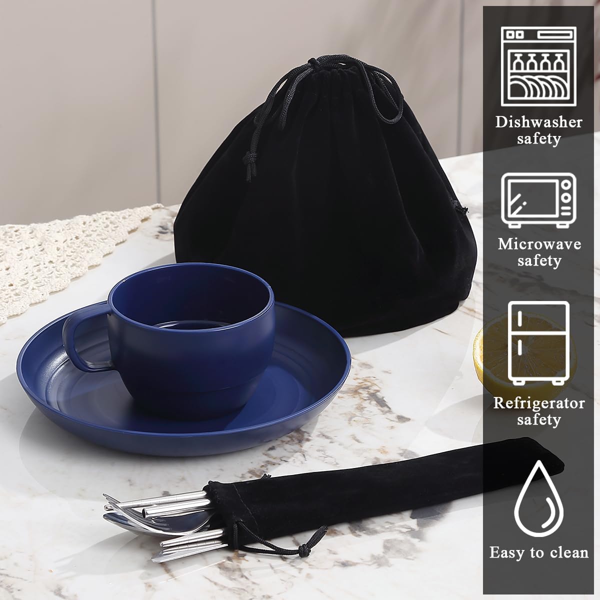 Camping Essentials Set, HOMQUEN Camping Plates and Bowls Set, Coffee Mug, Travel Cutlery Set Include Spoon, Fork, Knife for Work, Outdoor,Picnic, Camp (Blue)