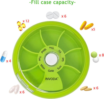 INVODA Weekly Pill Organizer 7 Compartment Rotating Pill Box for Daily Medication & Vitamins - Portable Travel Pill Case Fish Oil Supplements Vitamins Organizer (Green+Blue)