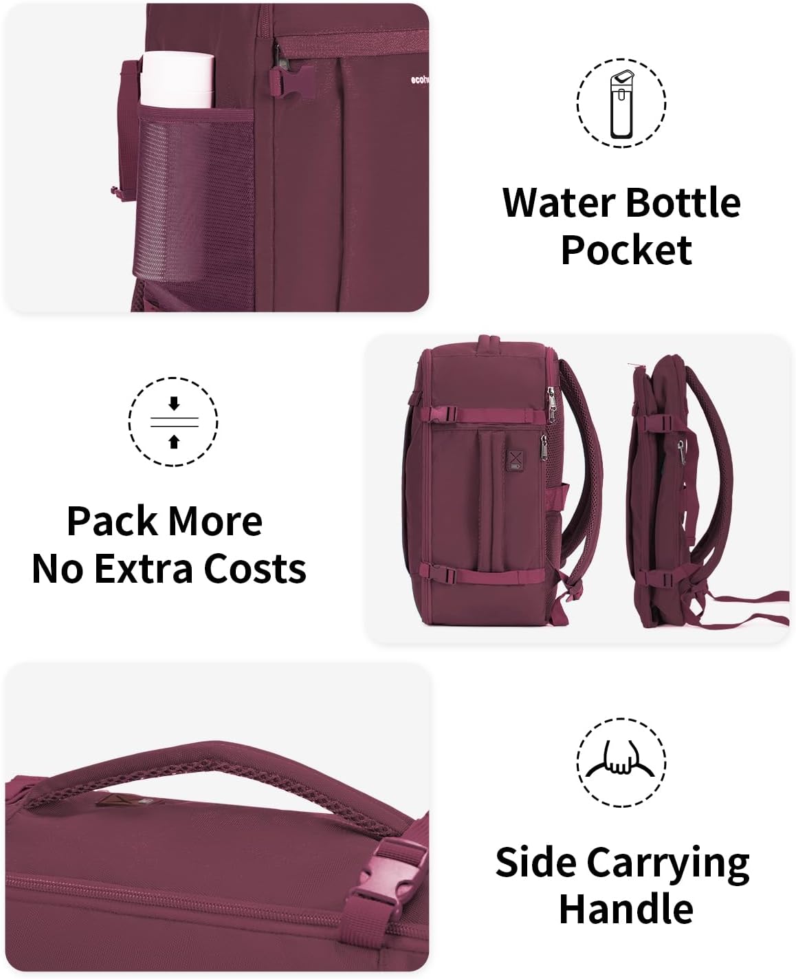 ECOHUB Travel Backpack for Women, Carry on Backpack with USB Charging Hole, Spirit Airlines Personal Item Bag Flight Approved, 15.6 Inch Laptop Backpack with Anti Theft Pockets, 30L, Red