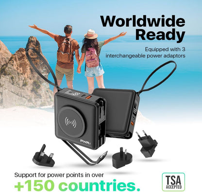 PWR Travel PRO 5-in-1 Power Bank with Case Included – 10,000mAh with Built-in Cables – 20W USB-C + 15W Wireless Charging – Compact Portable Charger for iPhone & Android- Black