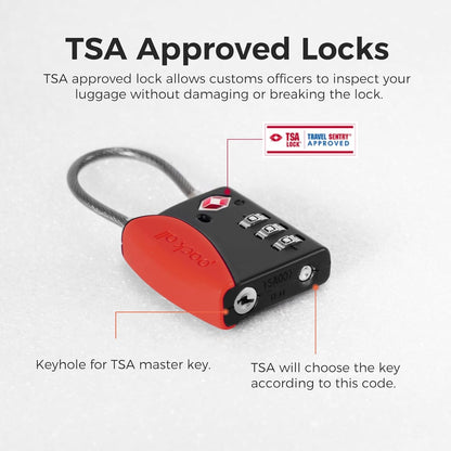pack all TSA Approved Cable Luggage Locks, 3 Digit Combination Padlocks, Travel Lock for Suitcases & Bag, Alloy Body, Travel Accessories (4 Pack)（Red）