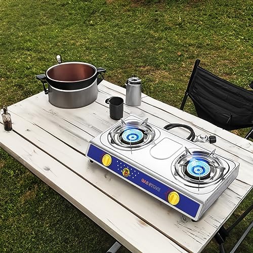 Vivicreate 25000 BTU 2 Burner Propane Gas Stove Stainless Steel Cooktop Outdoor Camping Stove Portable Double Burner for BBQ Boiling Frying Cooking Estufa de Portátil Fogón de Gas
